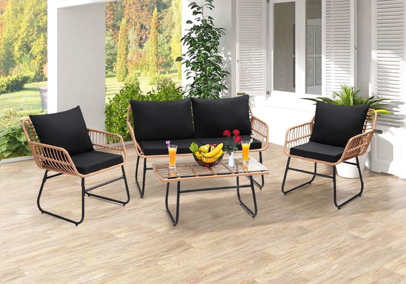 4 Piece Patio Bistro Outdoor Furniture Set, Wicker Sofa, 2 Rattan Chairs, and Table, Backyard Conversation Set, All Weather Cushions，for Garden,Poolside, Backyard