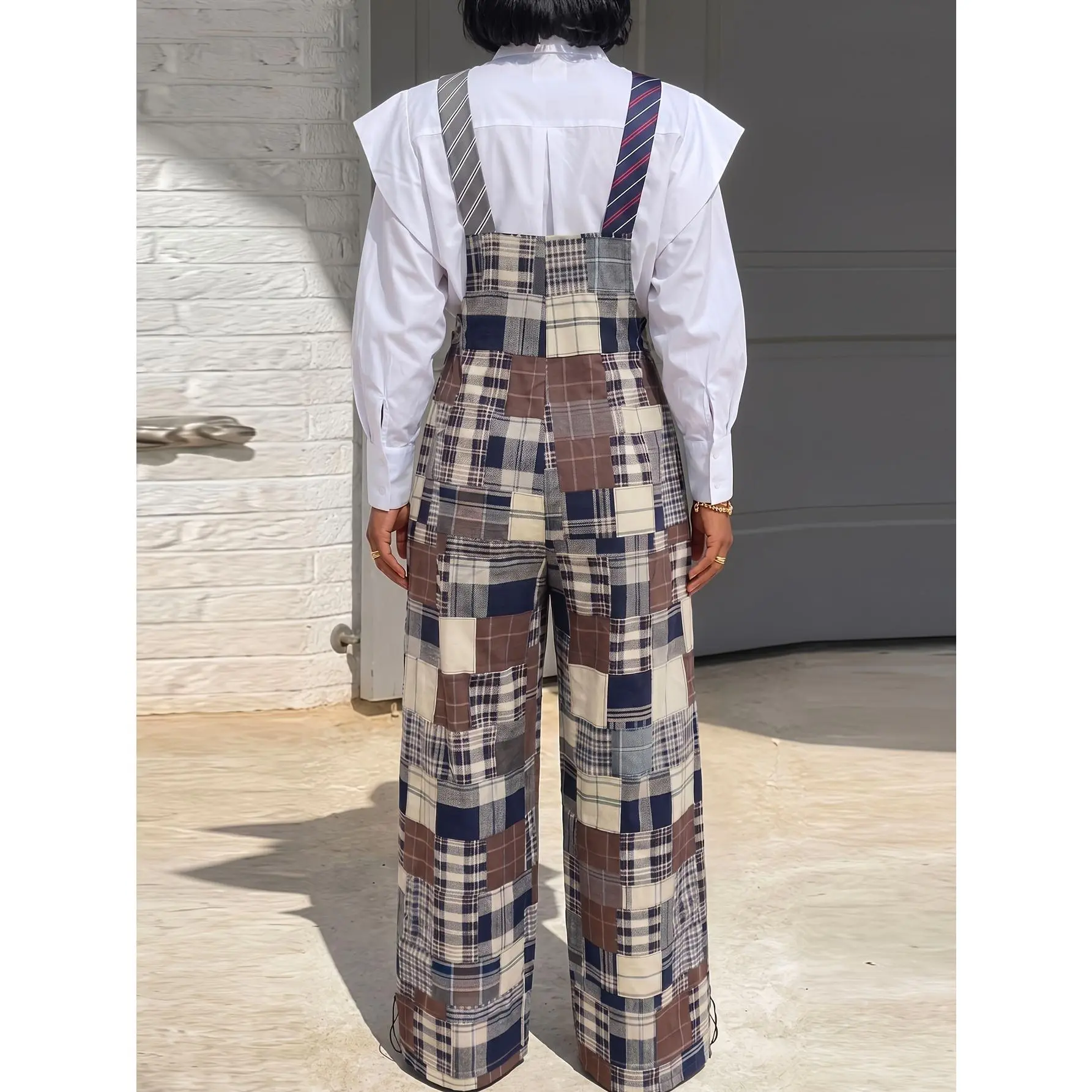 Women's Patchwork Plaid Suspender Jumpsuit - Adjustable Stripe Straps High Waist Wide Leg Baggy Overalls| Loose Casual Bottoms for Street Style, Shopping, Brunch & Daily Urban Outfits| Retro Preppy Curve Friendly Statement Patchwork Overalls