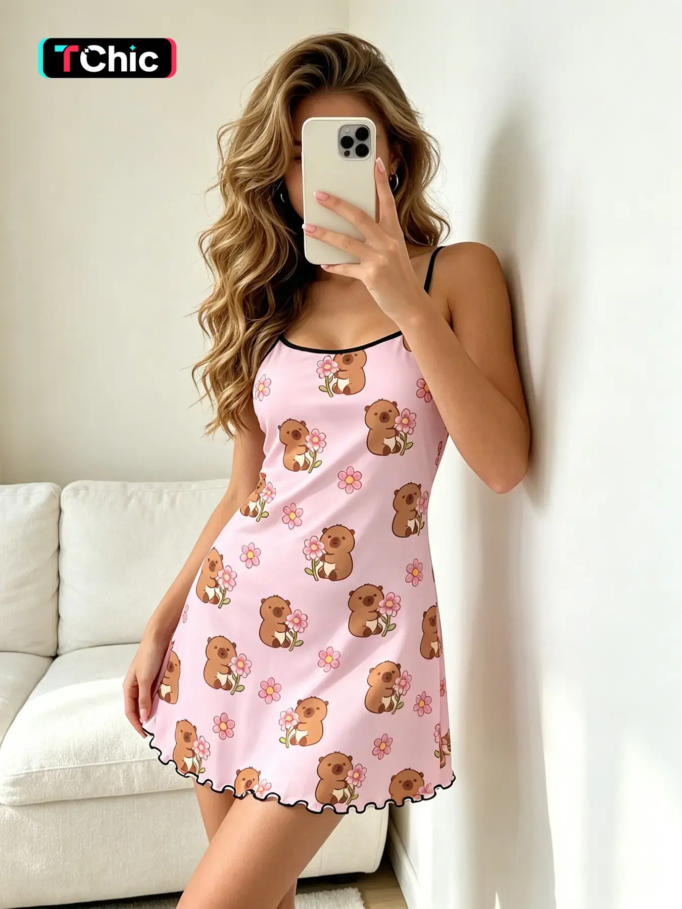 Women's Cami Nightgown, Spaghetti Strap, Spring Summer Wear, Summer Sleepwear, Pink Base Capybara Print, Coquette Style, Contrast Trim, Ruffle Hem, Sleeveless, Loose Fit, Breathable, For Daily Home Wear, Casual Wear And Home Office, Loungewear, Nightwear