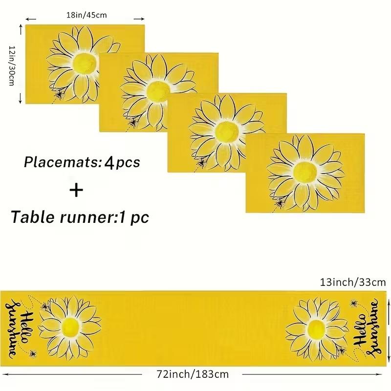 5/7-piece table flag+placemat combination Set, Decorative summer sunflower pattern design, Home Decor, suitable for kitchen, dining room, living room and indoor/outdoor wedding decoration