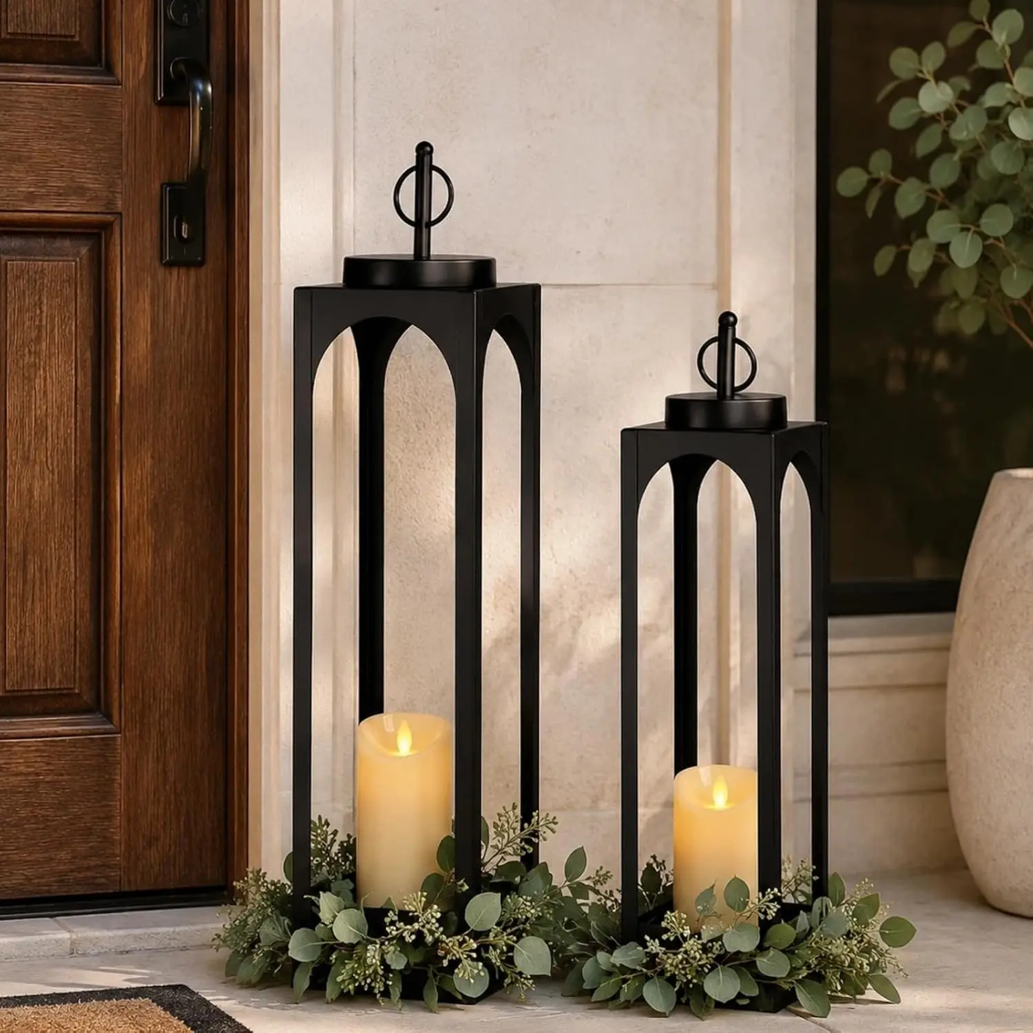 MATAHUM Lanterns 2 Pcs Large Decorative Lanterns, Black Metal Glass-Free Open-Frame Design with Remote Control Timer Flameless Candles, 24" & 19" H Floor Lanterns for Indoor Outdoor Porch Patio Fireplace Decor
