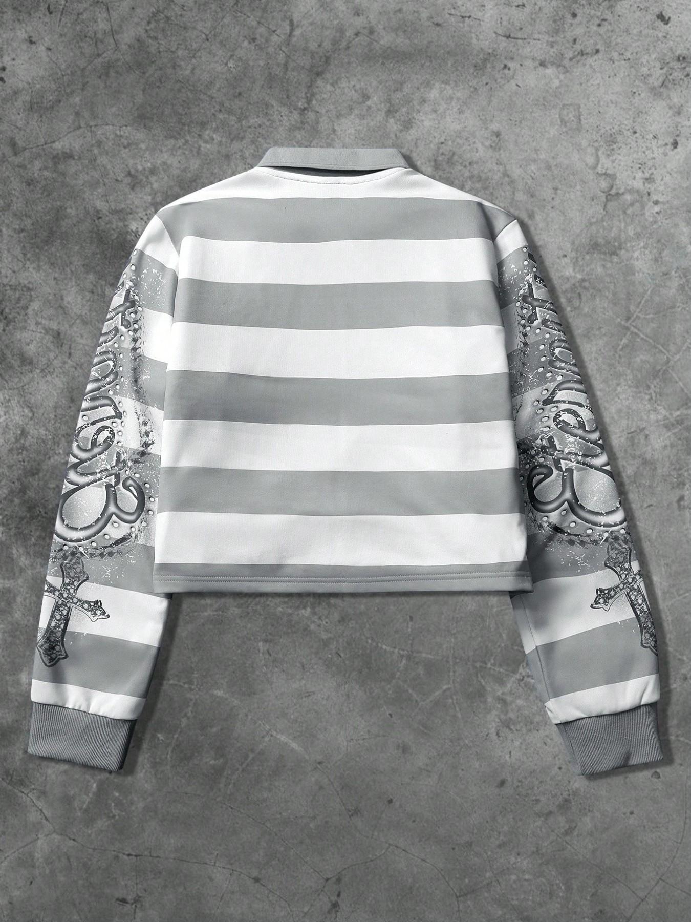 1PC Men's Cropped Long Sleeve Polo shirt, Y2K Stripe Streetwear