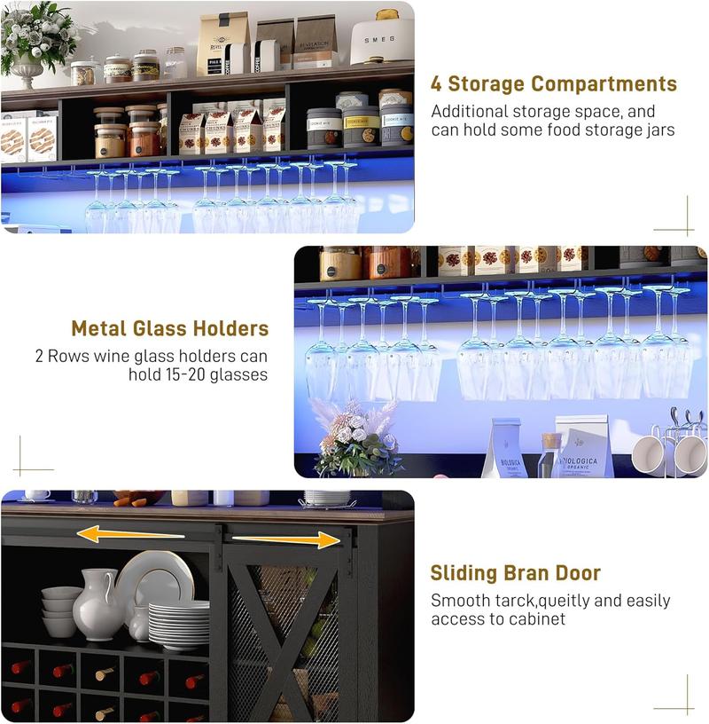 63"W/47"W/31.5"W Farmhouse Coffee Bar Cabinet with LED Light,Wine Bar Cabinet w/ Tier Storage Hutch,Kitchen Buffet Cabinet w/Sliding Barn Door & Wine and Glass Racks for Kitchen Dining Room(Brown/Antique White/Dark Rustic Oak)