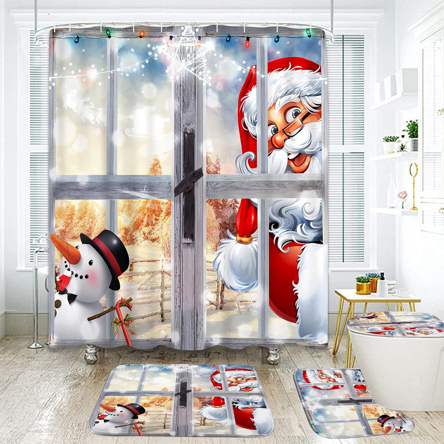 4 Pcs Shower Curtain Set Merry Christmas Happy New Year with Non-Slip Rugs Toilet Lid Cover and Bath Mat Bathroom Decor Set