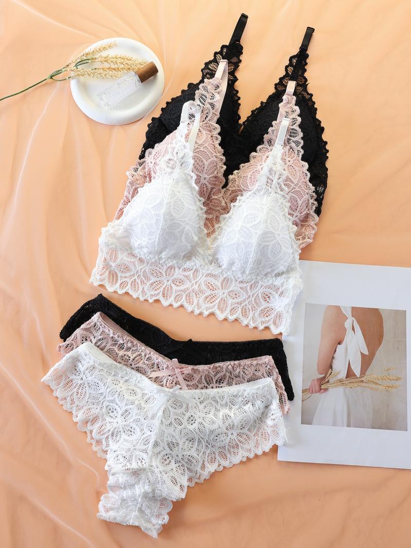 Women's Lace Underwear Set, Romantic Adjustable Strap Wireless Bra & Bow Decor Panty Set, Women's Lingerie Set