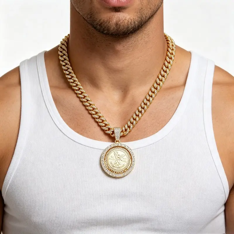 Diamond-encrusted rotating angel pendant necklace, men's hip-hop style, full rhinestone chain, trendy European and American streetwear.