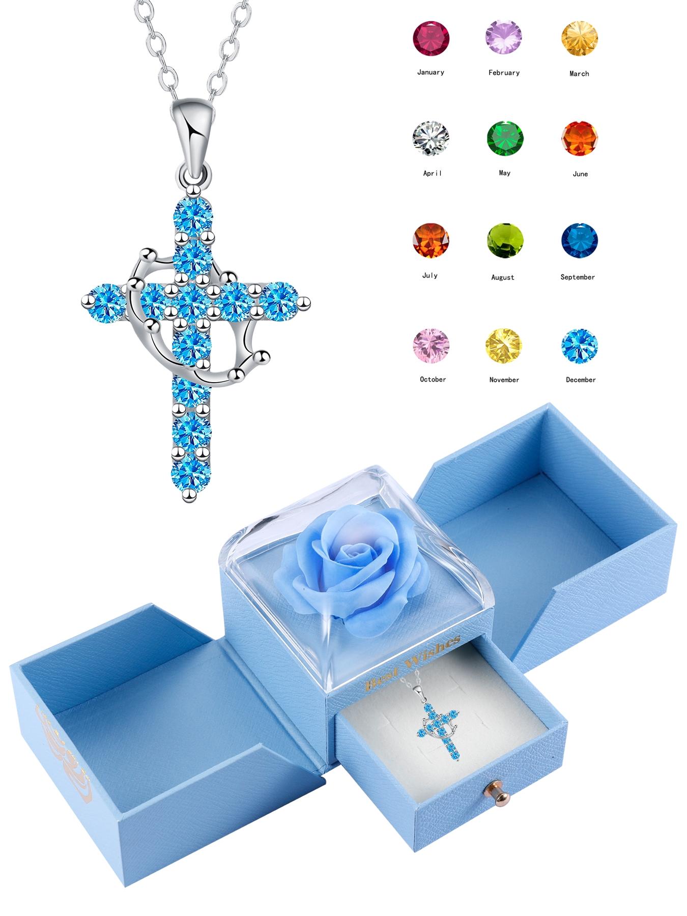 Women's Cz Birthstone Crown Cross Necklace Set, Colorful Fashion Pendant Exquisite Jewelry Gift Box, Christian Wife Mom Girlfriend Faith Present