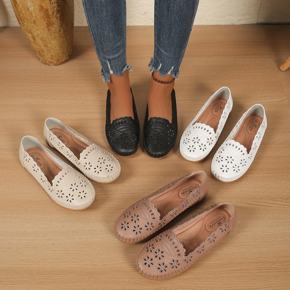 Goreyodoly Womens Wide Fit Round Toe Casual Slip On Flats, Breathable Slip Ons, Hollow Floral Lightweight Comfortable Walking Shoes All Season Office Travel Commuting Home Wear Soft Cushioned Insole Rubber Slip Resistant Durable Versatile Footwear