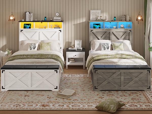 Hasuit Farmhouse Bed Frame Twin Size with Storage Headboard, Charging Station and LED Light, Wooden Twin Bed Frame with Storage Ottoman, Barn Door Design, No Box Spring Needed, No Noise