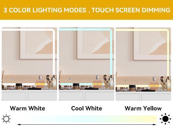 YITAHOME Makeup Vanity Desk with Large Lighted Mirror with Power Outlet and LED/Bulb Strip, 3 Color Lighting Modes with Adjustable Brightness, 4 Drawer Vanity Table with Cushioned Stool for Bedroom