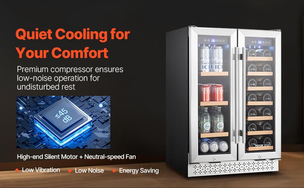 VEVOR Wine and Beverage Refrigerator, 24 in Dual Zone Wine Cooler, Built-in Freestanding Fridge with Glass Doors, Adjustable Shelves, Digital Temperature Control, 64 Cans and 20 Bottles Capacity