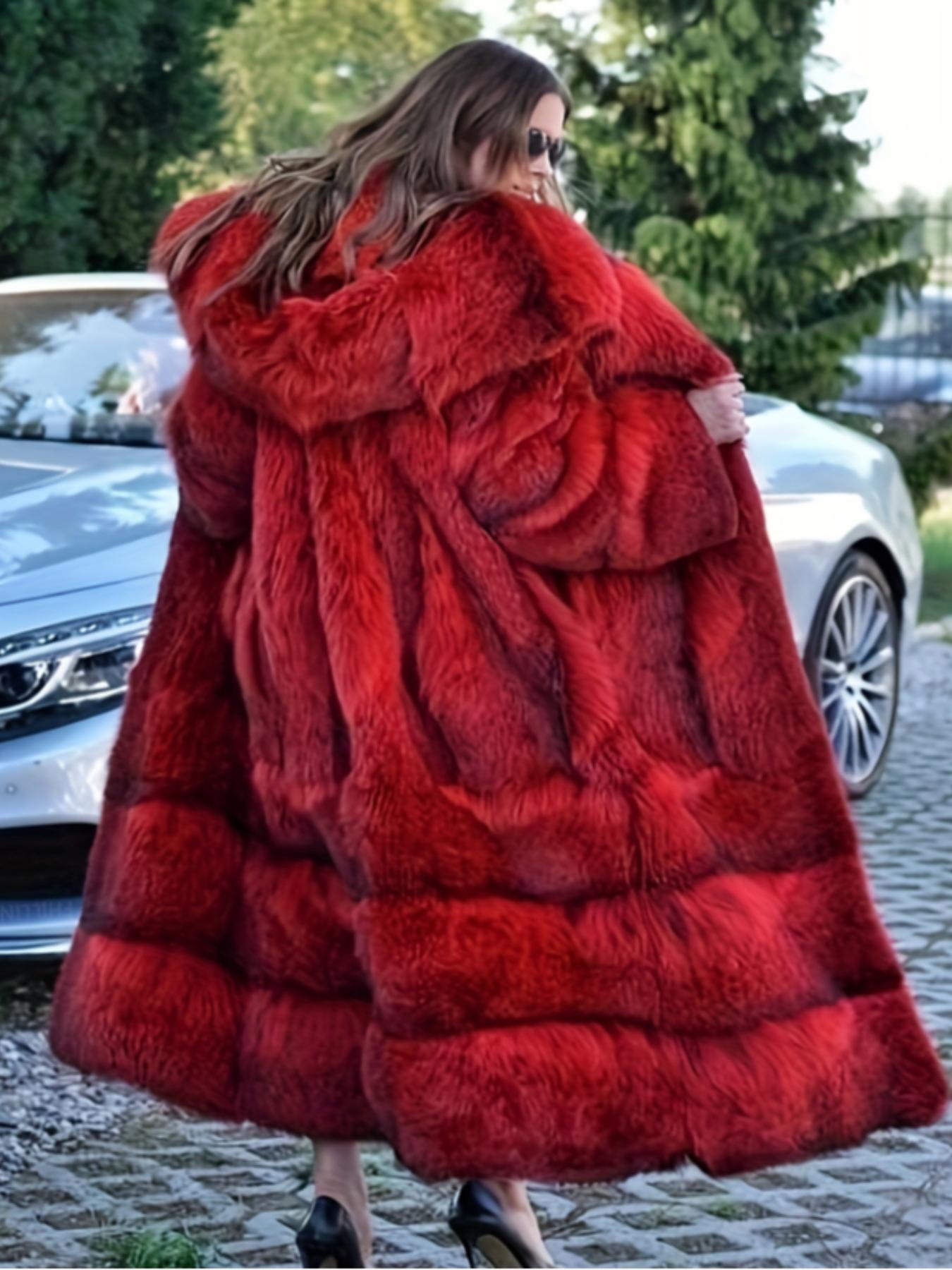 Women's Faux Fur Coat, Elegant Chic Long Sleeve Hooded Design, Soft Fox Fur Patchwork, Loose-Fitting Winter Outerwear Jackets for Travel Christmas New Year Womenswear