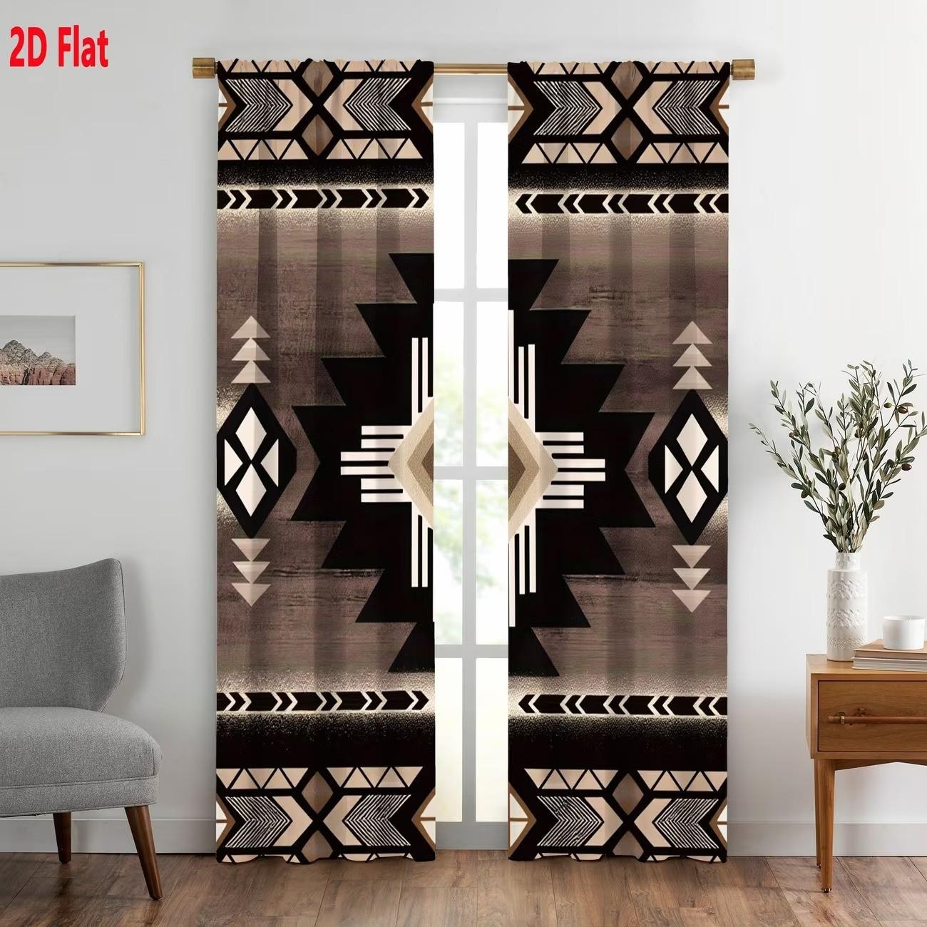 2 pieces of American tribal art geometric pattern printed curtains, made of polyester with semi-transparent texture, machine washable, suitable for bedrooms, living rooms and home decoration curtains