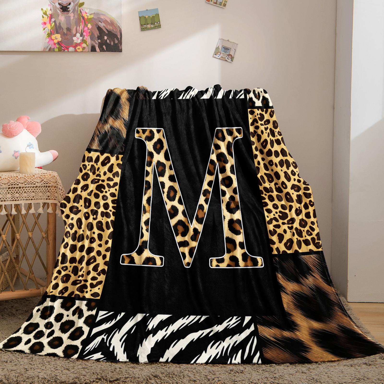 Animal Print Monogram Throw Blanket, Leopard Zebra Tiger Initial Soft Flannel Blanket for Sofa Bed, Gift for Animal Lovers