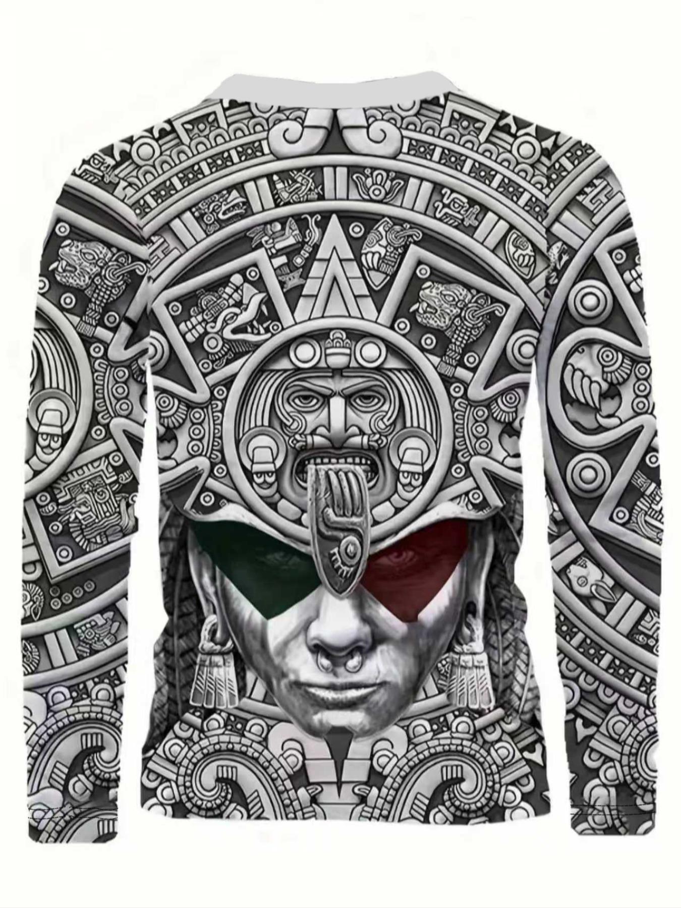 Men's Fashion 3D Maya Culture Print Long Sleeve T-Shirt, Casual Streetwear Top, Comfortable Polyester Blend Fabric, Round Neck Design, Casual Fall & Winter Wear