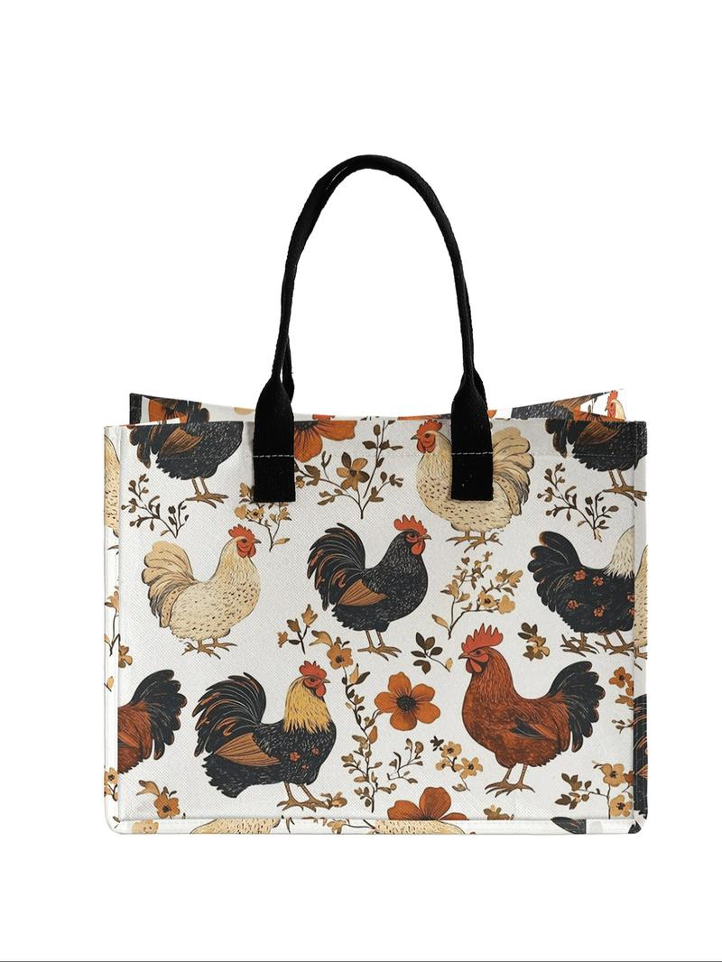 Large Capacity Rooster Print Storage Bag, Durable Handle, Space Saving Multi-Purpose, Ideal for School, Travel, Shopping, Reusable Grocery Bags