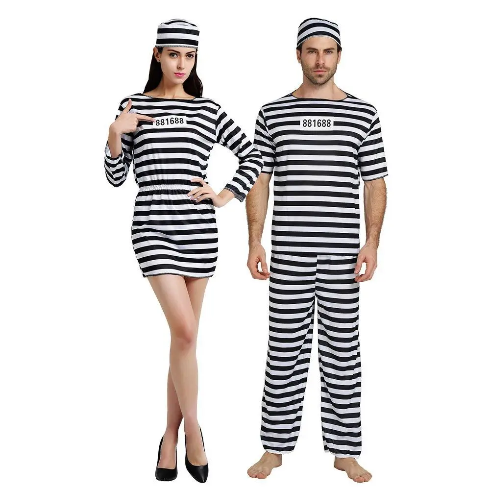 Halloween Prisoner Cosplay Costume Prison Inmate Men Striped Top Pants Women Dress Hat Party Performance Costumes