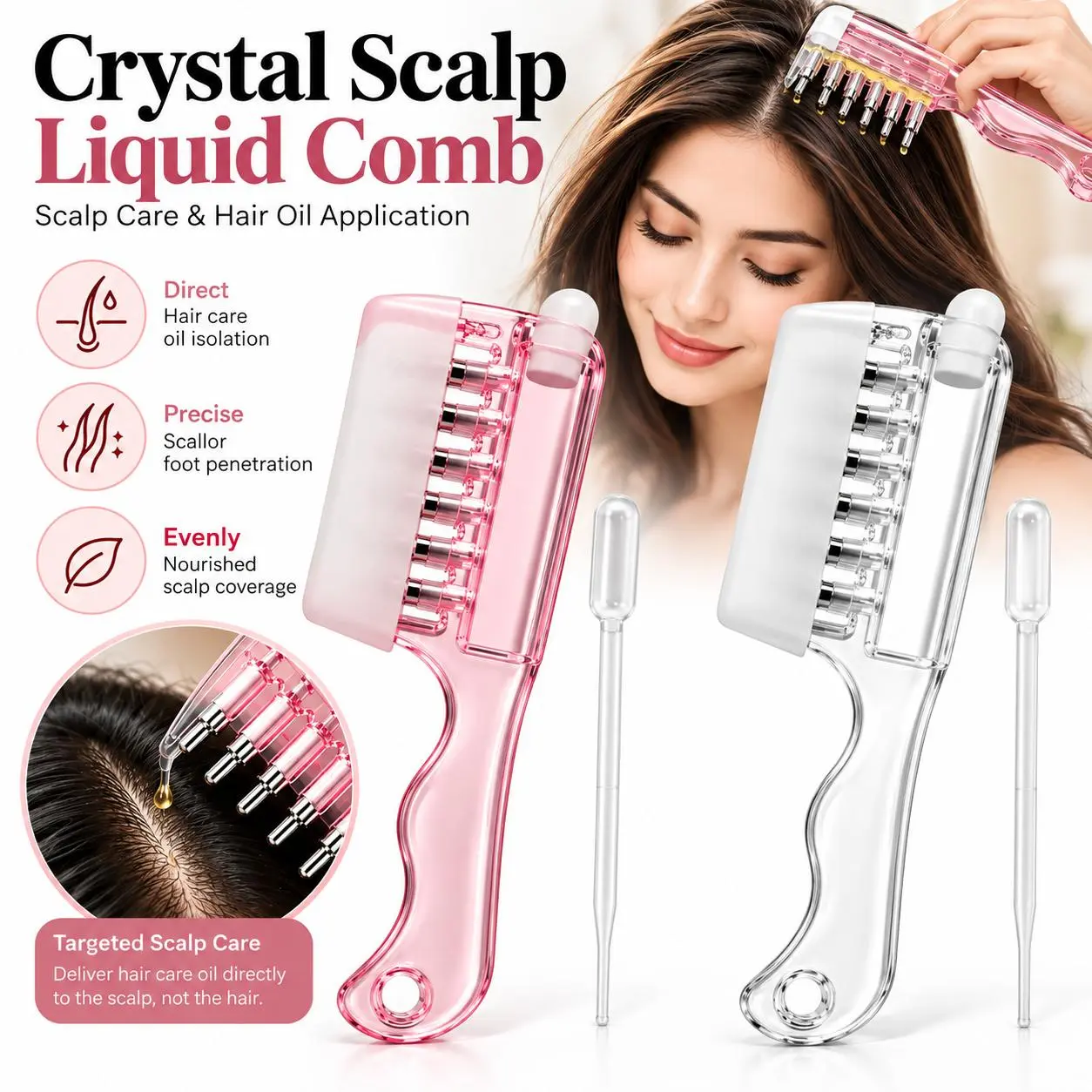Refillable Scalp Liquid Applicator Comb with 6 Stainless Steel Roller Balls, Hair Oil & Serum Root Applicator Massage Comb, Leak Resistant Hair Care Treatment Tool for Scalp & Hair Roots, Portable Reusable (Comb Only),familyfun