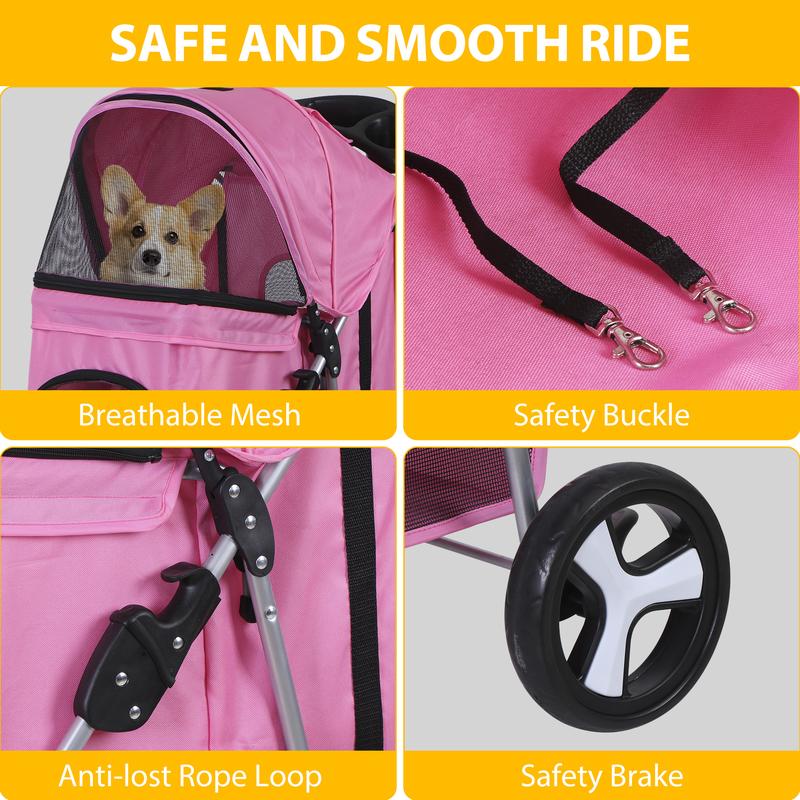 Pet Republic 3 Wheels Foldable Pet Stroller for Small Dog Max 33lbs W/Storage Basket, Pink Pet Republic 3 Wheels Foldable Pet Stroller for Small Dog Max 33lbs W/Storage Basket, Pink