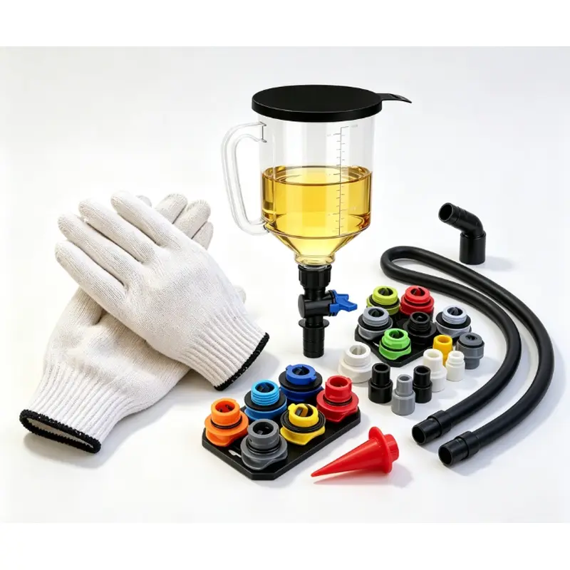 19-piece engine oil funnel set, 1.59QT/50.72oz oil funnel kit, includes 12 adapters, elbow connectors, gloves, arrow filter screen, and magnetic tray, universal add-on accessories, compatible with most cars