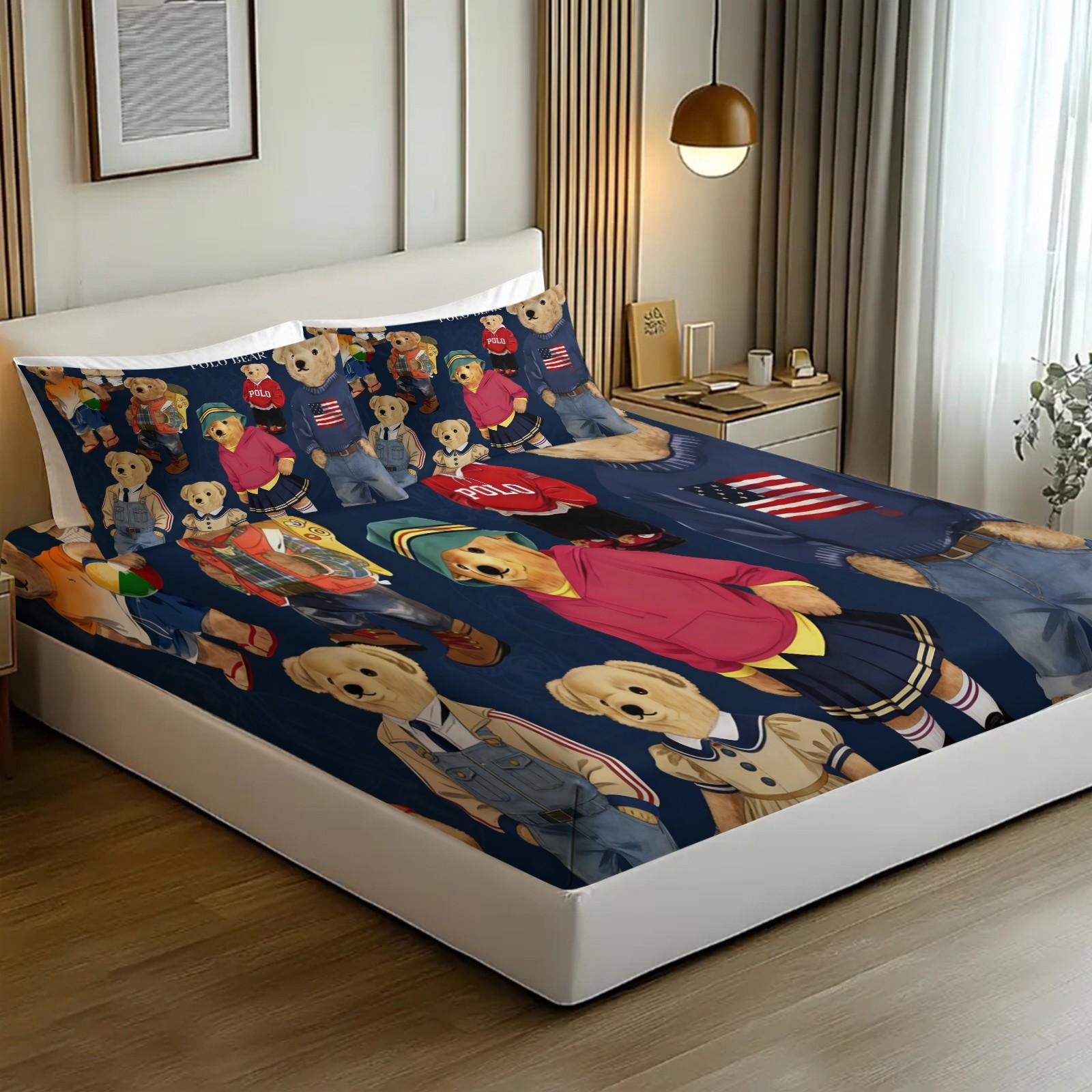 Teddy Bear Pattern Bed Sheet, Comfortable Printed Pattern, Includes 1 Bed Sheet and 2 Pillowcases, Comfortable Bedding, Non slip Dust Cover Suitable for Bedroom and Guest Room, Suitable as a Gift for Children or Adults