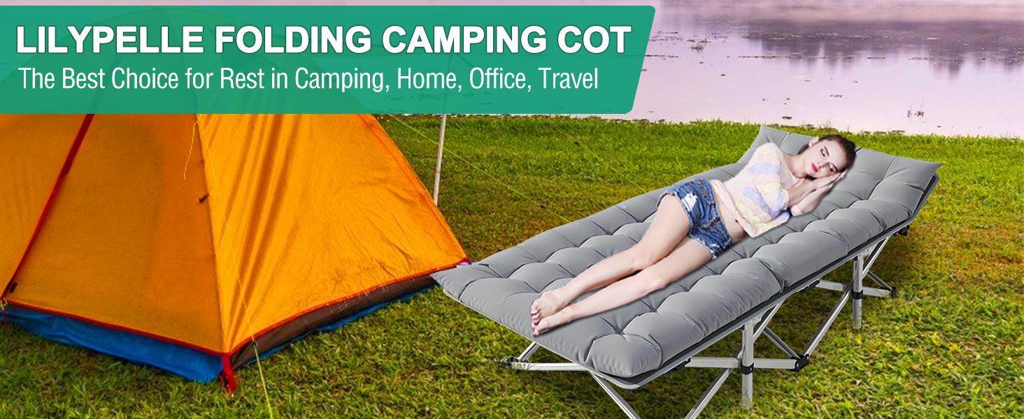 Lilypelle Folding Camping Cot w/3.3 Inch 2 Sided Mattress, Up to 880 Lbs Heavy Duty Sleeping Cots with Carry Bag, Folding Guest Bed, 1200 D Layer Oxford Portable Travel Camp Cots