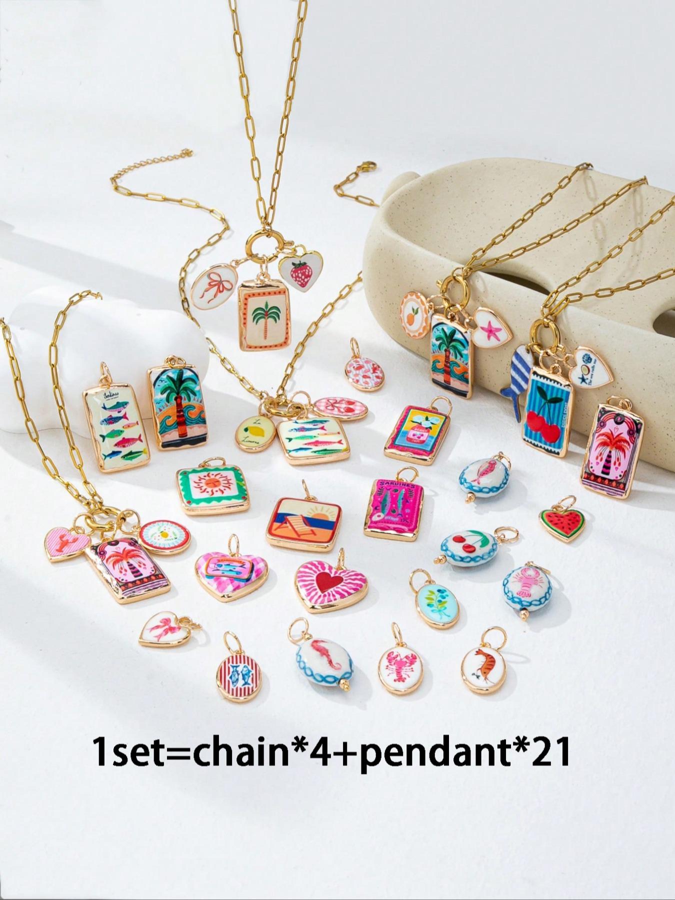 25pc Summer Ocean Theme Charm Necklace for Women, DIY Jewelry Making Set, Customizable Beach Jewelry Findings