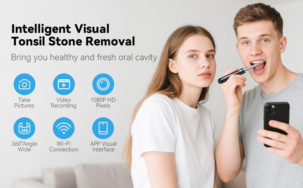 Tonsil Stone Remover Kit with Camera & Light - WiFi Connected for iOS/Android, 5 Attachments, Rechargeable (USB/Battery), Home Oral Care Tool