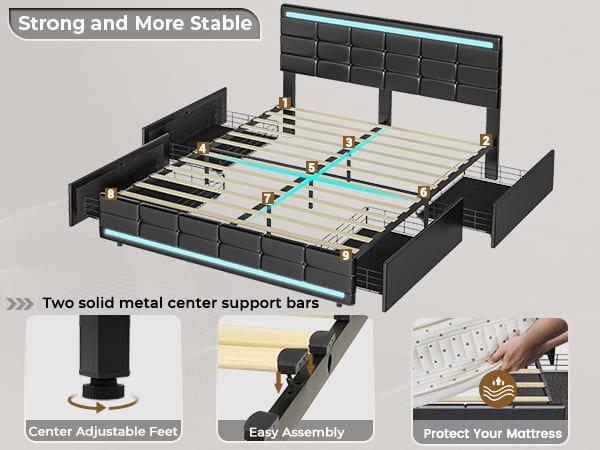 Sikaic 4 Storage Drawers LED Bed Frame With Leather Platform Adjustable Headboard Storage Drawers And Charging Station Black Bedroom Set Unique