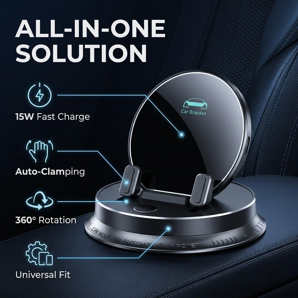 Auto-Sensing Infrared Car Wireless Charging Wireless Charger Mount, Nano-Silicone Anti-Scratch Base, 360° Rotatable Universal Phone Holder for Car Vents & Dashboard, Mini Luxury Navigation Bracket for Home & Office, Mountable Charging Accessory