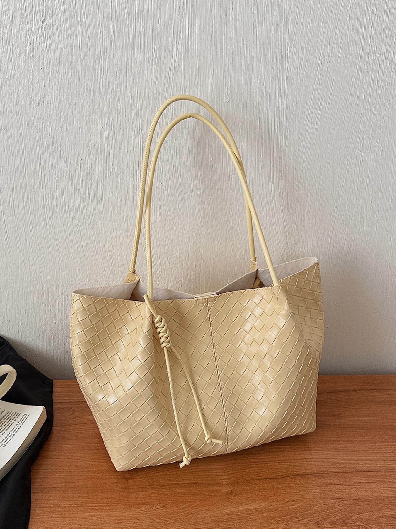 1pc Knitted pattern tote bag for women, large capacity diamond patterned shoulder bag, included with lazy and relaxed shopping bag, essential for women's commuting armpit bag