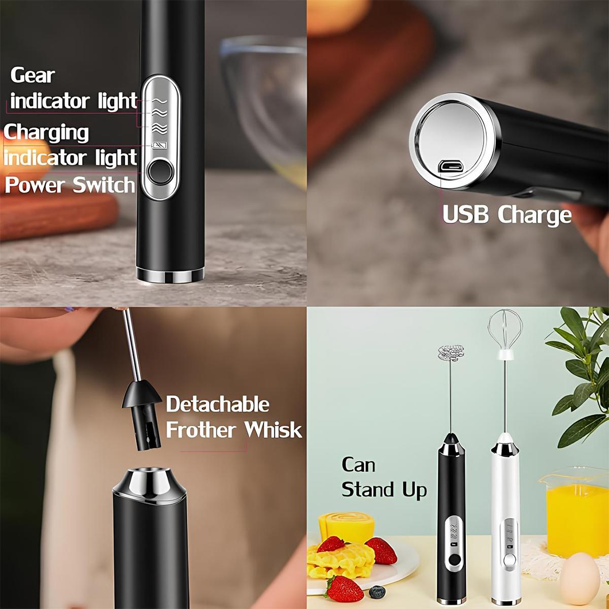 Milk Frother Handheld with 3 Heads, Mix Fruit juice powder, Electric Whisk Drink Foam Mixer with USB Rechargeable 3 Speeds, Mini Frother for Coffee Latte, Cappuccino, Hot Chocolate, Egg