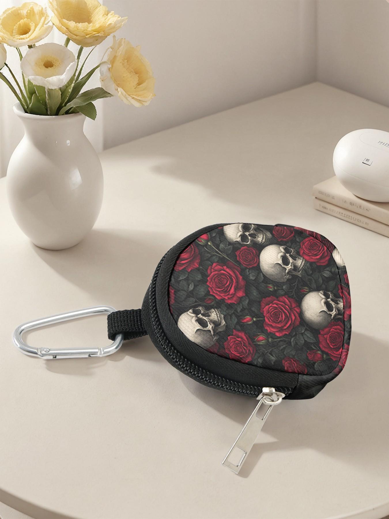 Rose Skull Pattern Mini Wallet, Lightweight Zipper Coin Purse with Hook Clip, Earphone Key Bag, Unisex Casual Style, All Seasons