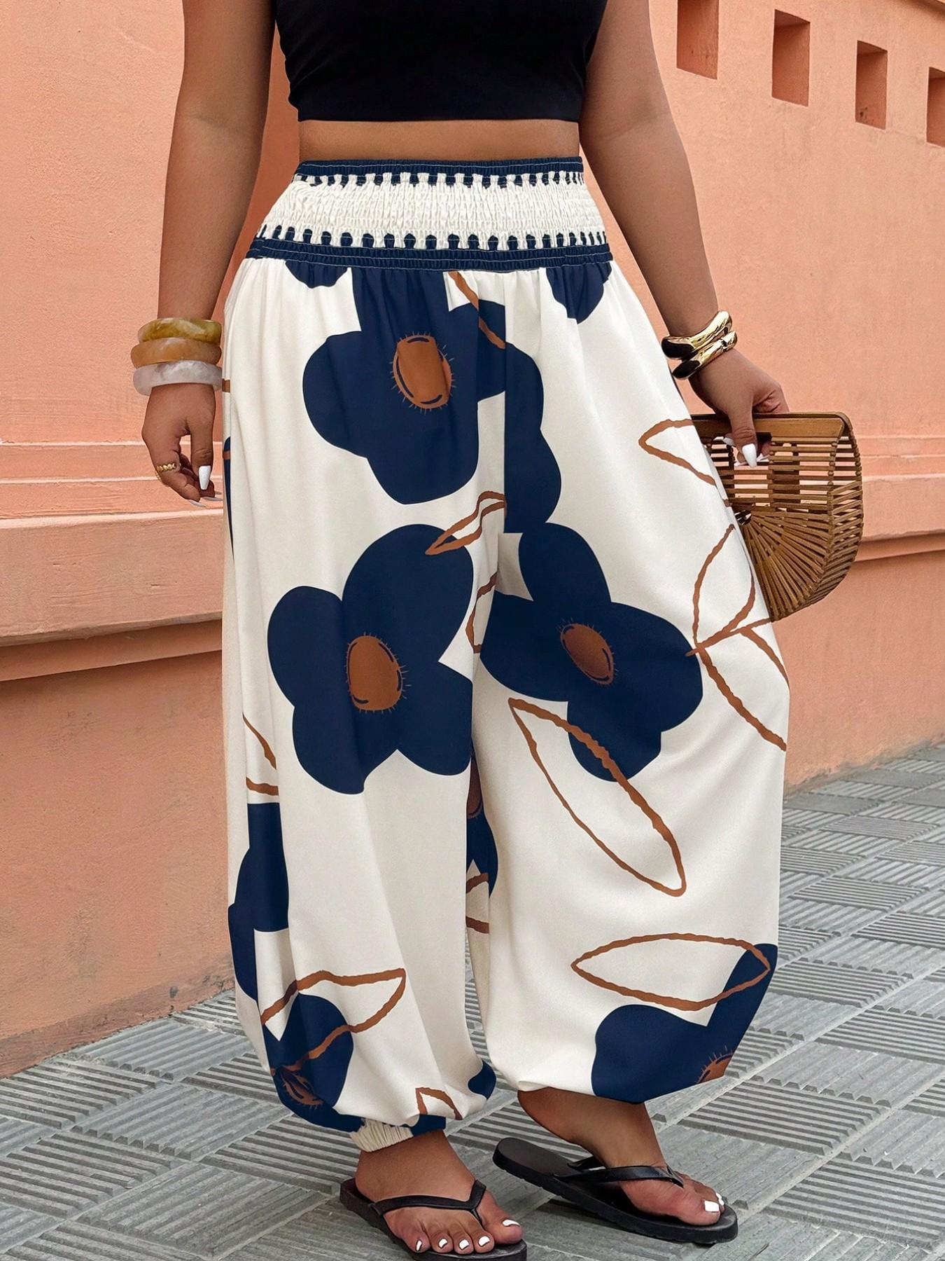 Women's High-Waisted Lantern Pants, Fashion Elastic Cuffed Long Pants for Holiday, Floral Print, Comfortable and Stylish Summer Wear, Casual Trousers, Ladies Bottoms, Womenswear