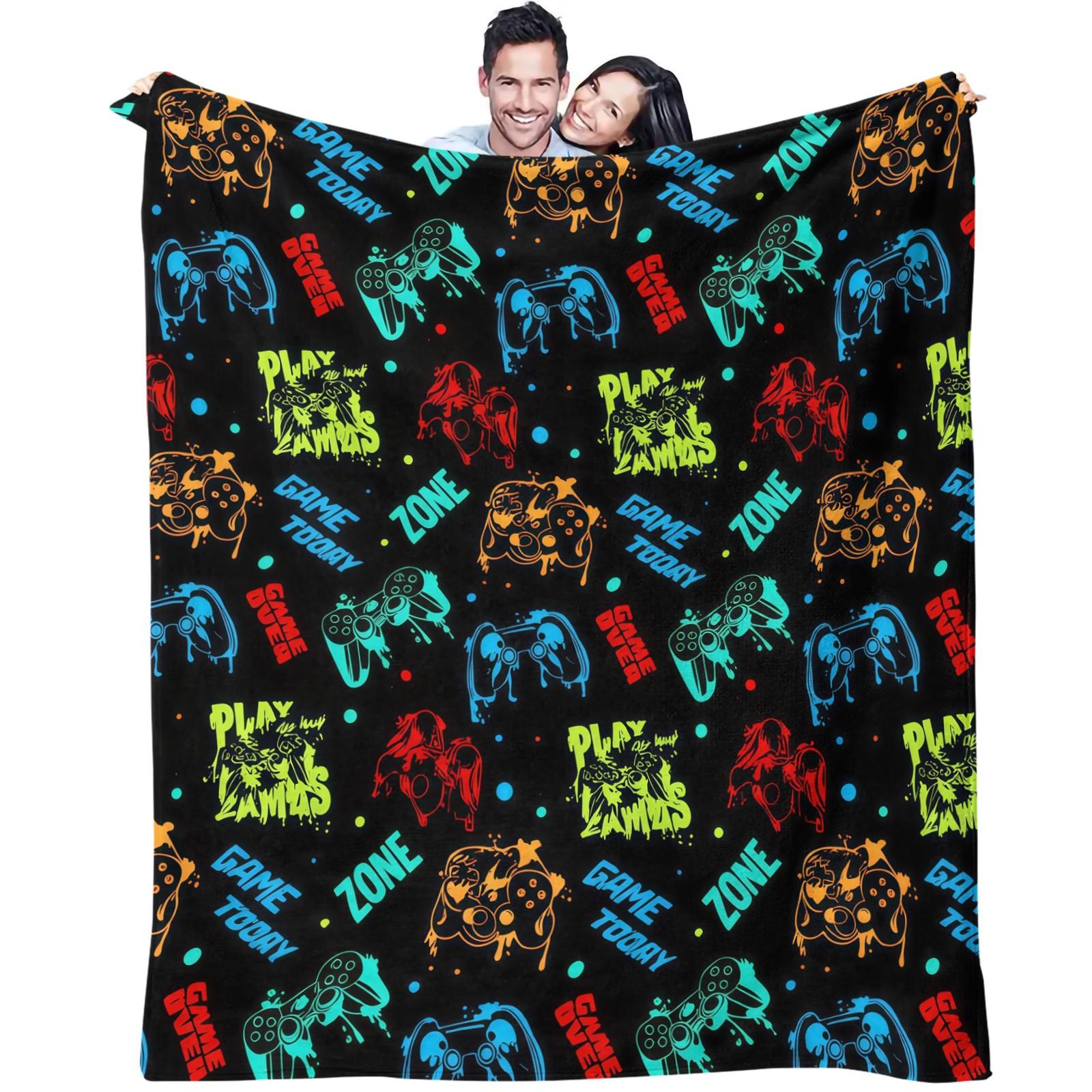 Multi-Style Gamer Throw Blanket, Soft Skin-Friendly Plush, Lightweight Cozy, Video Game Controller Print, for Couch Bed Office, All Seasons, for Boys Girls Teens, Aesthetic Room Decor