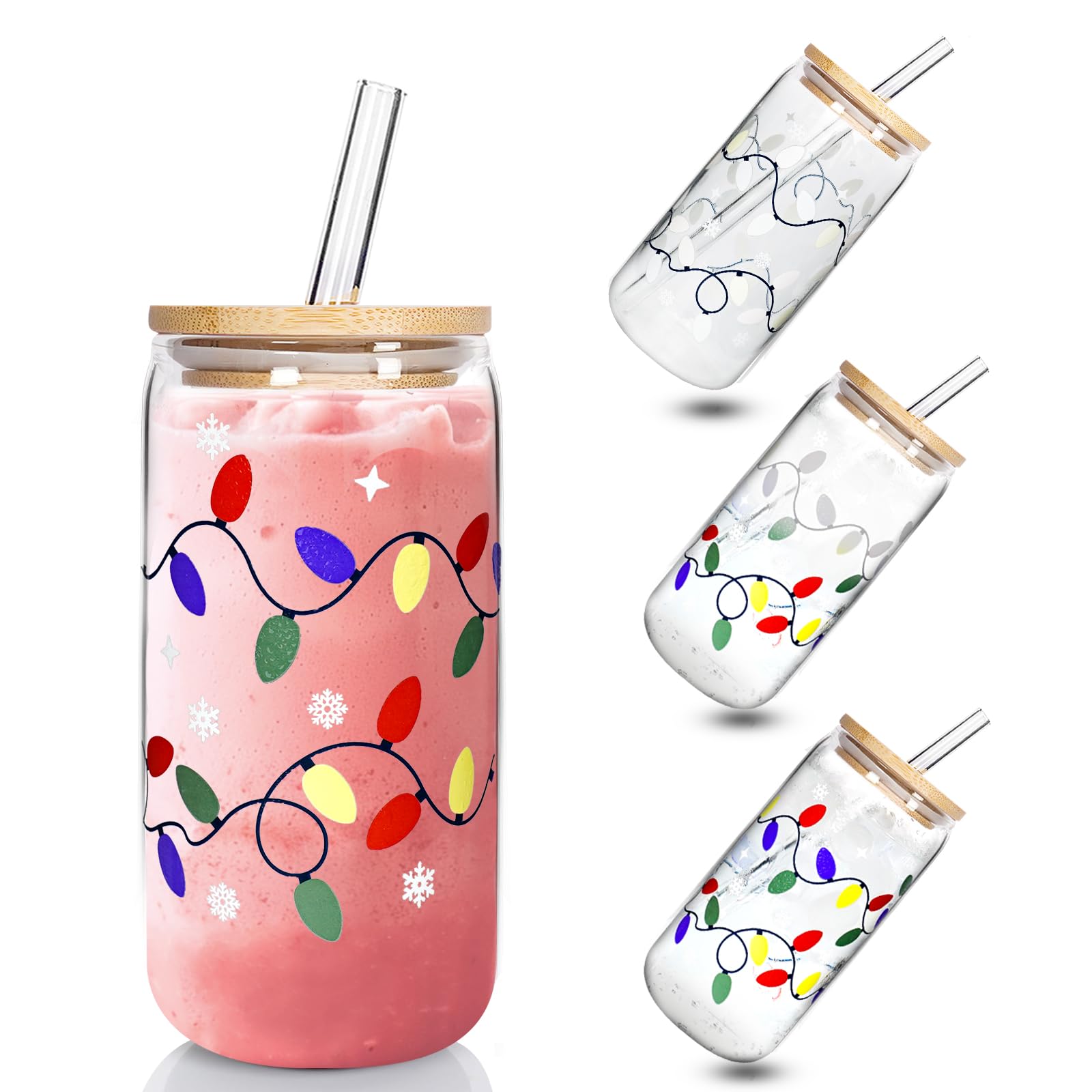 Christmas Glass Cups 17oz Iced Coffee Cups with Lids  with Color Changing and Straws Drinking Glasses Cups Decor Glass Water Bottles Gift for Women Kids Men Cute Drinking Can Jar, Floral Tumbler, Beer Can Gifts