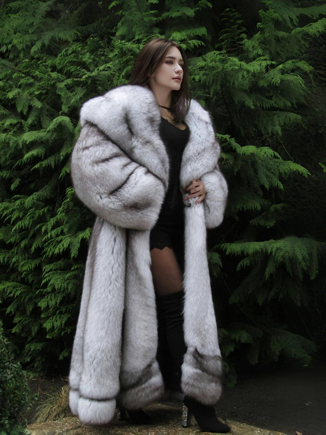 Women's Silver Color Faux Fox Fur Hooded Coat, Loose Fit Soft Warm Long Sleeves Jacket for Fall & Winter, Versatile Daily Commute Party Outerwear Womenswear