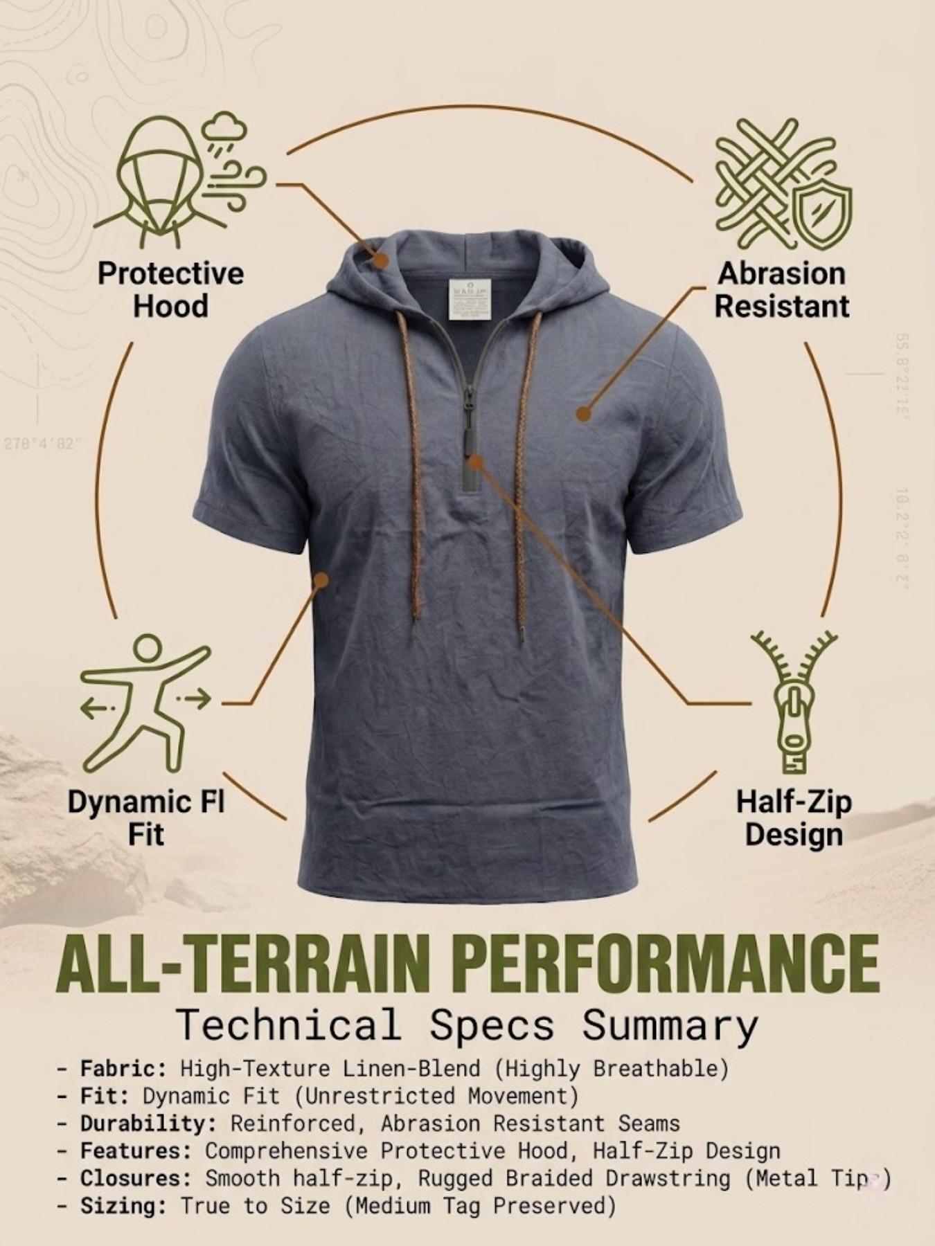 Men's Linen Breathable Half-Zip Hooded Short Sleeve T-Shirt, Summer Casual Sports Sweatshirt, Comfortable Loose Fit Plain Design