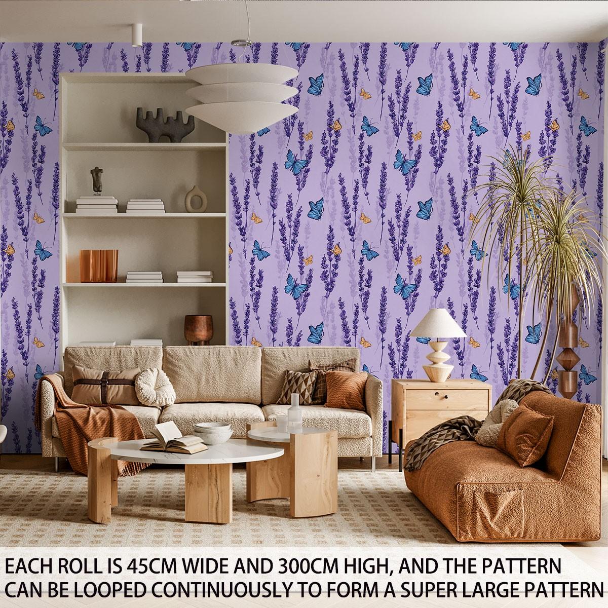 1pc romantic lavender butterfly element printed PVC wallpaper, with adhesive backing for peel-and-stick application, suitable for covering dirty or messy walls, renovating old walls, and home decoration; suitable for all room walls, can be used as a gift