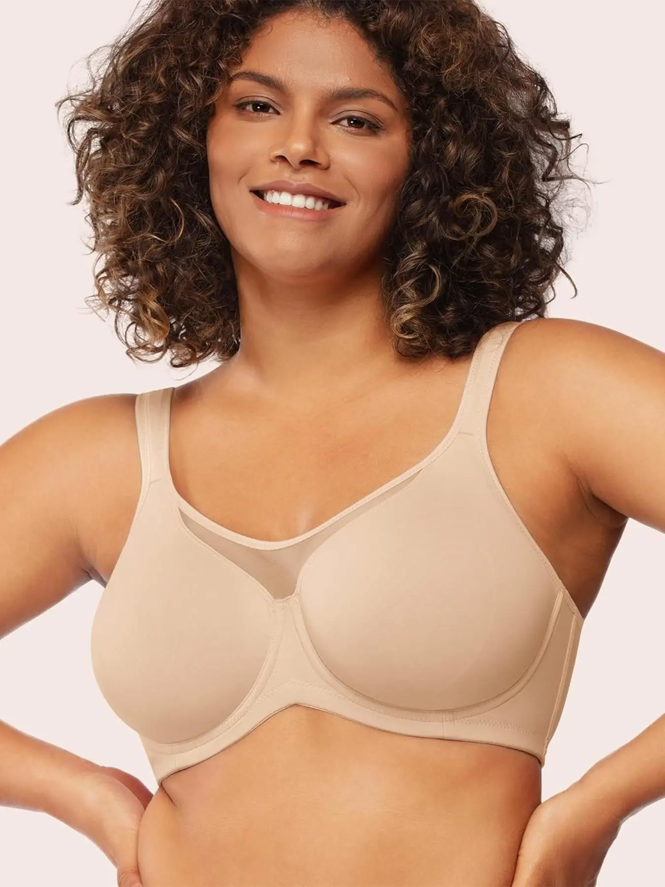 Women's Shapewear Bra, Plus Size Mesh Patchwork Cool Comfort T-Shirt Style Bra, Unpadded with Underwire, Full Coverage, Backless, Casual