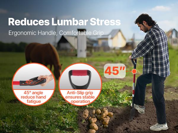 VEVOR Garden Fork, 4-Tine Gardening Pitchfork with Fiberglass Handle, 45 in Heavy Duty Digging Fork with Y Grip, Forged Steel Spading Fork for Hay Potato Composting Transplanting Aeration