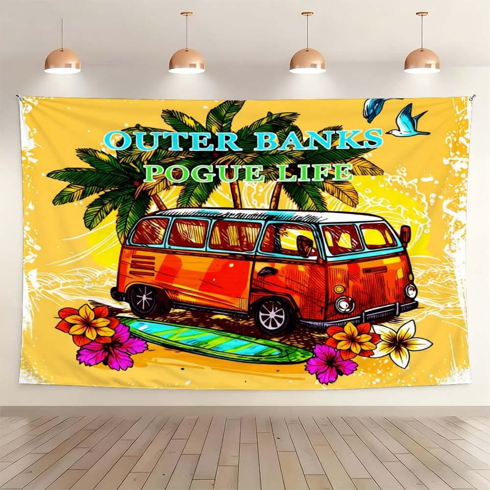 1PC colorful tropical themed wall hanging for living rooms bedrooms and events retro van and palm tree design great for celebrations and gatherings festive atmosphere enhancement lightweight decorative fabric for home holidays parties