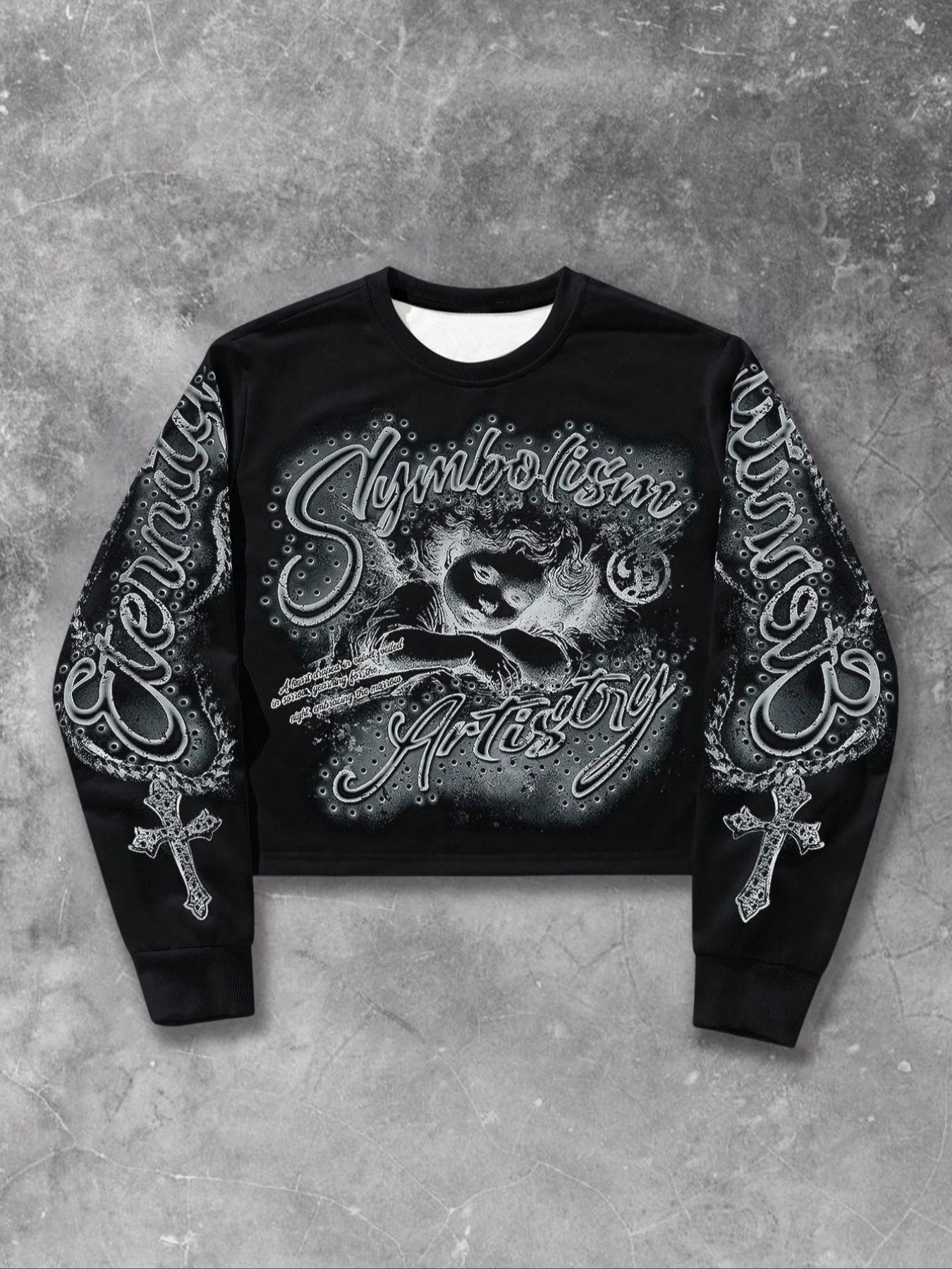 Men's Graphic Sweatshirt with Letter and Cross Print, Loose-Fitting Fall & Winter Pullover, Casual Angel Design Long Sleeve Top