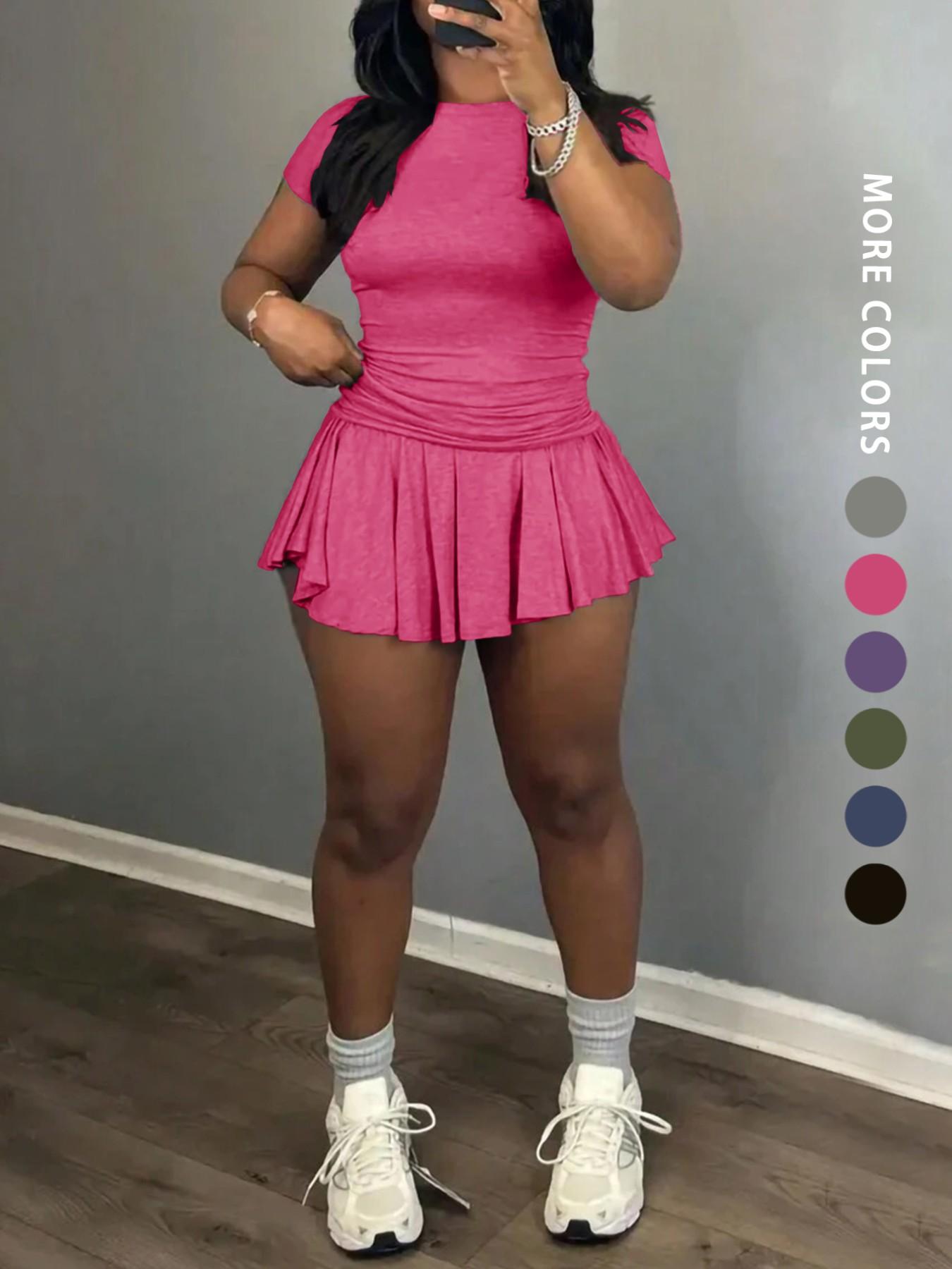 Women's Solid Color Top & Skort, Casual Fashion Cozy Round Neck Short Sleeve Tee & Skirt for Daily Outdoor Wear, Ladies Outfits for Summer