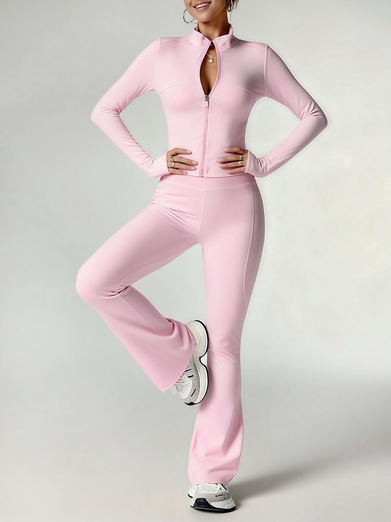 Women's 2-Piece Fitness Set, Stand Collar Full Zip Jacket, Long Sleeve High Waist Yoga Pants, Sporty All-Season Workout, Athleisure Wear Set, Yoga Outfit