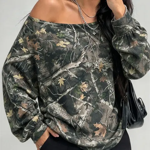 Women's Loose Long Sleeve Camo Print Asymmetrical Neckline Top, Y2K Style Knit Sweatshirt Knitwear for Spring & Fall, Comfortable Fit Pullover, Perfect for Casual Parties and Leisure Outings, Knitting, Casual Fitted Pullover, Fashion Knitwear Clothing