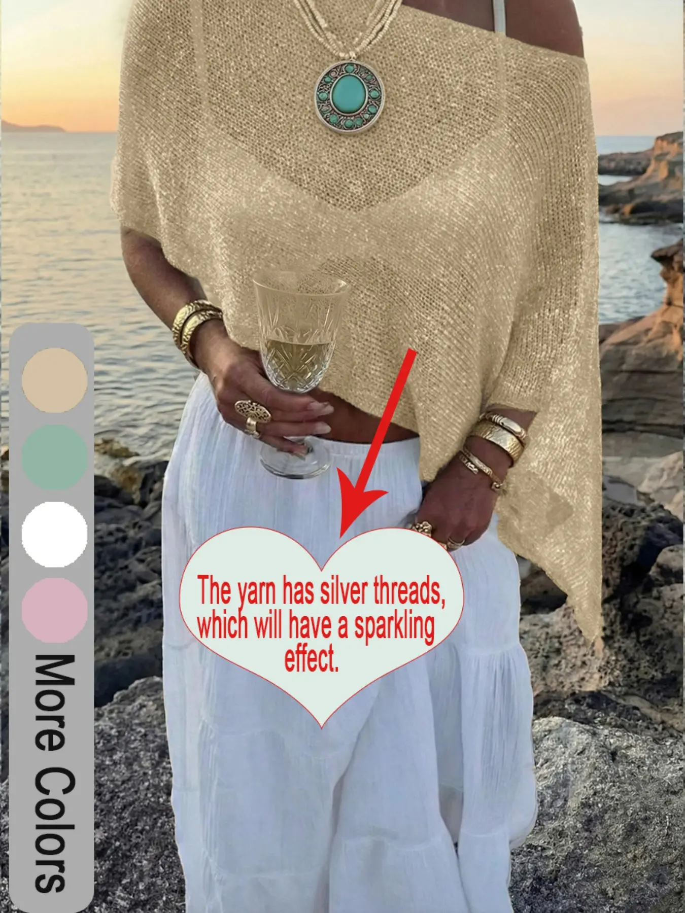 Summer Women's Multi-Wear Lightweight Breathable Loose Flashy Yarn Knit Poncho, Casual Daily Wear, Spring & Fall Fashion