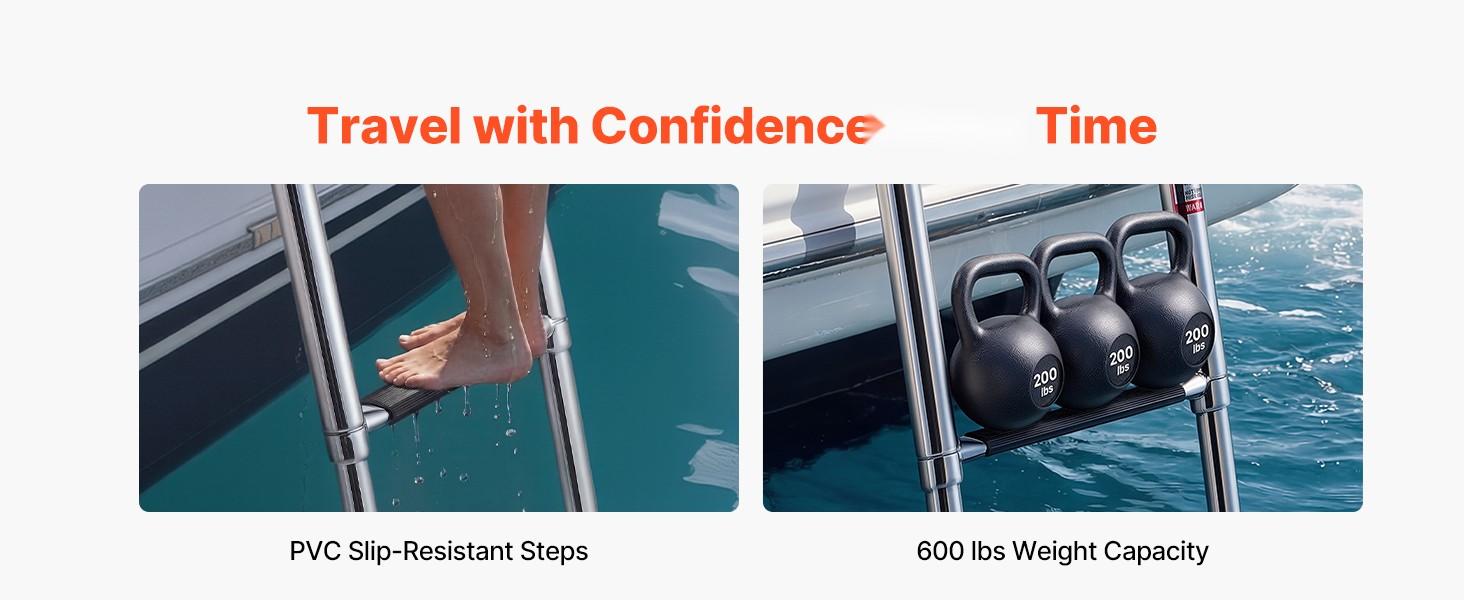 Boat Ladder 3 Steps Stainless Steel Telescoping Folding Swim Deck Ladder for Rear Entry Inboard, Heavy Duty 600 Lbs Capacity with Wide Anti-Slip Steps, Suitable for Outboards, Yachts, Pontoon Boats, Marine Dock Access