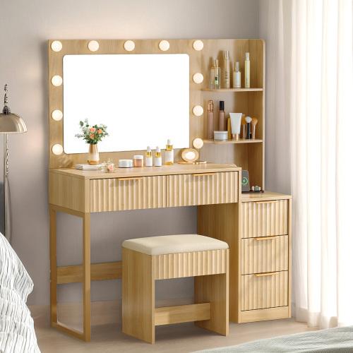 Ktaxon Pink Modern Fluted Makeup Vanity Desk with Mirror Lights Power Outlet 7 Drawers 4 Shelves Charging Station for Bedroom