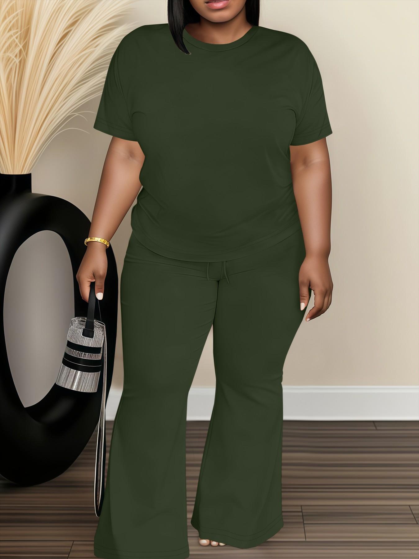 Women's Fashionable Big Size Casual Round Neck Short Sleeve Top & Loose Fit Straight Pants Set, Spring & Fall Comfortable Plain Design Women's Fashionable Big Size Casual Round Neck Short Sleeve Top & Loose Fit Straight Pants Set, Spring & Fall Comfortable Plain Design